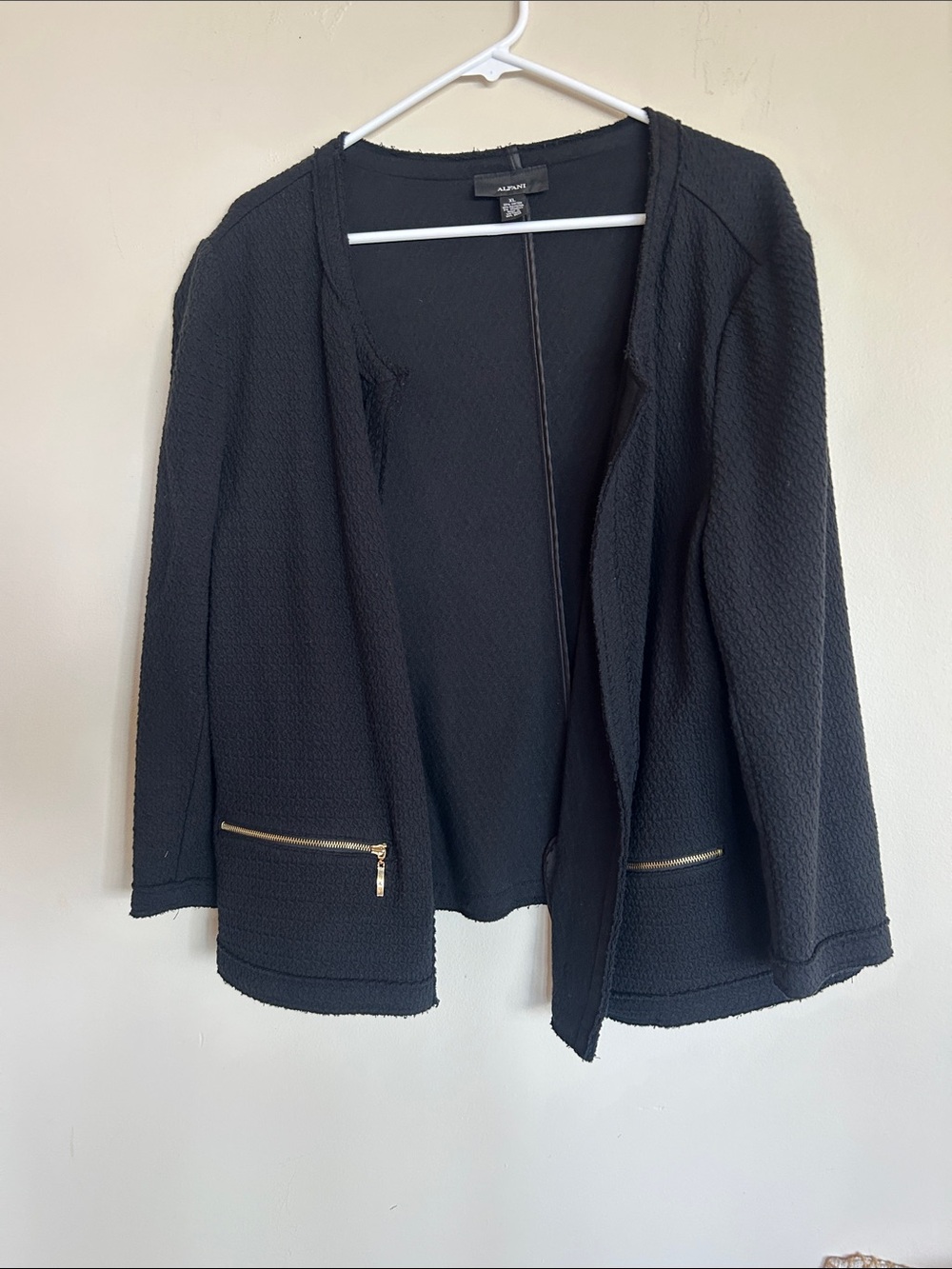 Alfani Black Open-Front Textured Jacket with Gold Zipper Accents